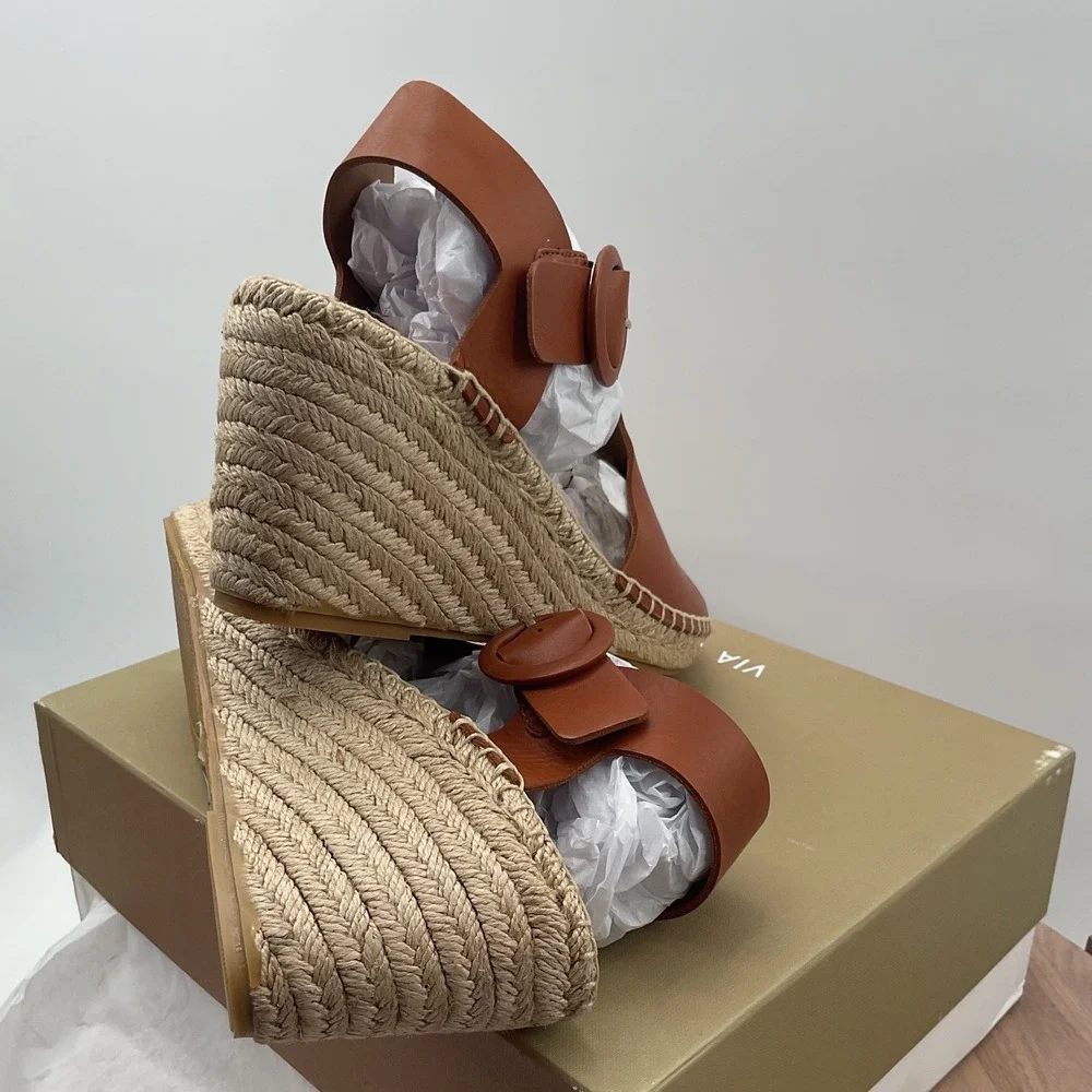Via‎ Spiga Tan Brown Leather Espadrille Wedge Sandals Platform Buckle Open Toe